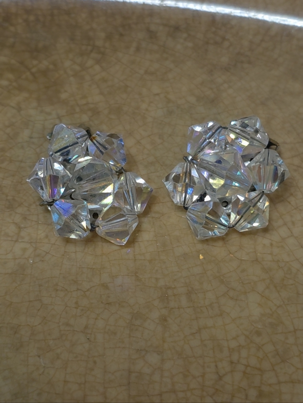 Vintage Aurora Borealis Crystal Cluster Clip-On Earrings | Iridescent